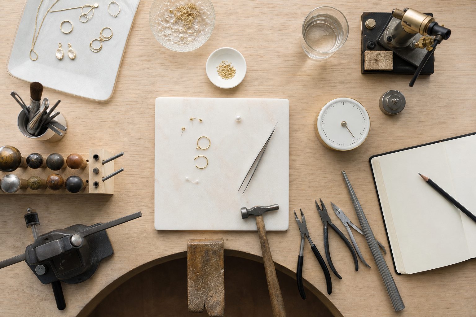 Overhead view of an organized jeweler's bench with hand tools, timer and notebook