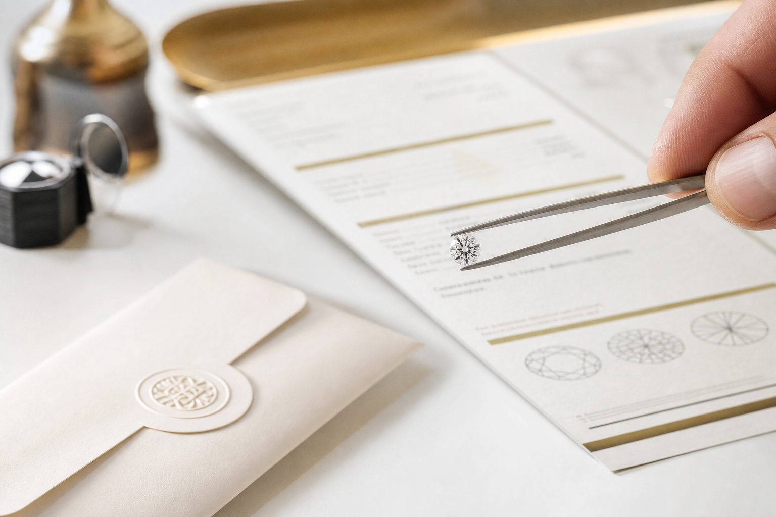 Loose diamond held in tweezers above a white parcel paper and paperwork on a bright desk