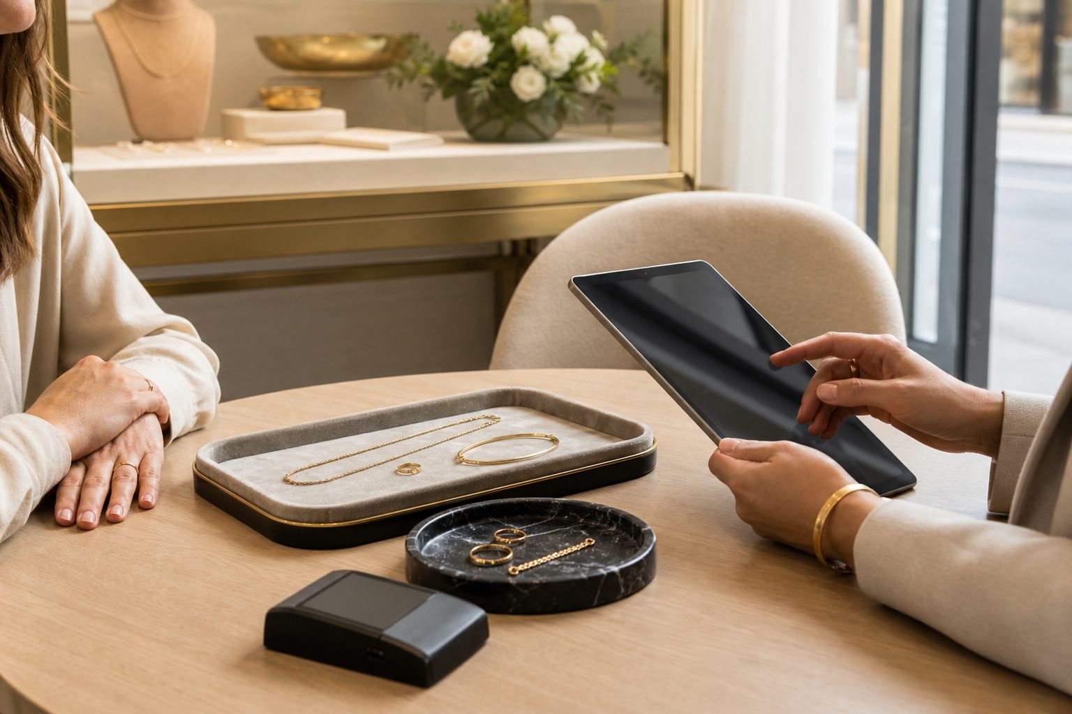 Bright studio consultation table with a velvet jewelry tray, tablet and card reader