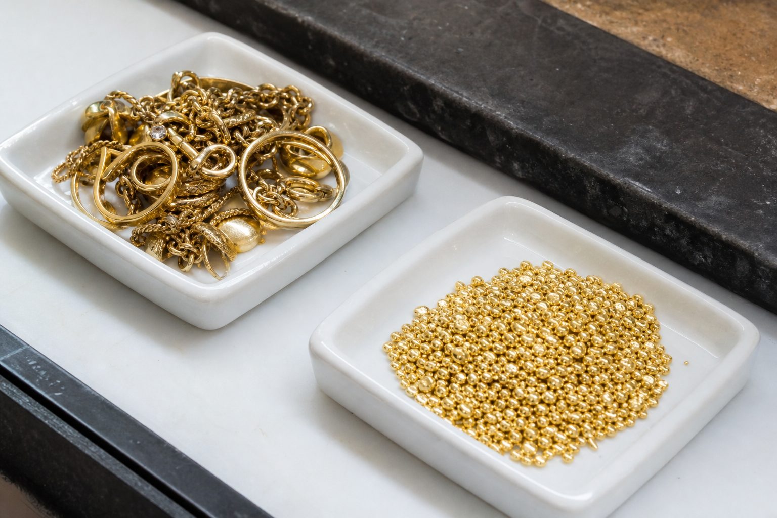 Two trays compared on a white bench, old scrap gold jewelry beside fresh gold casting grain