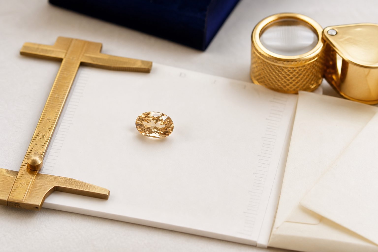 Colored gemstone on a white pad with calipers, loupe and a paper stone envelope