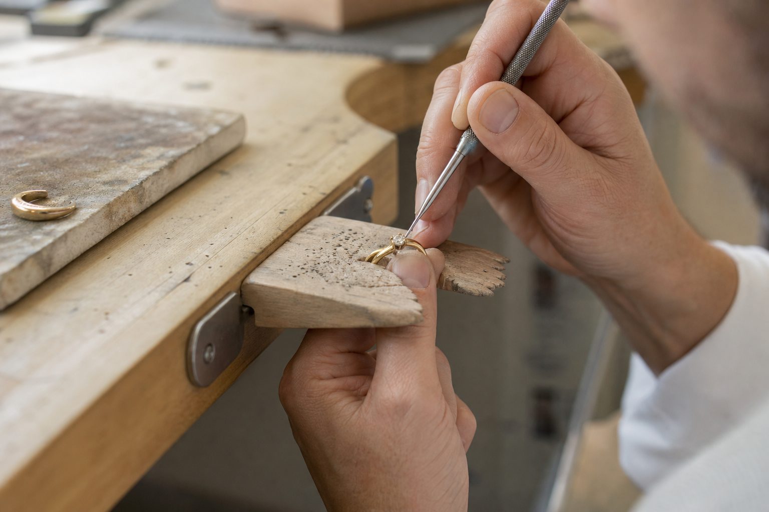 Jeweler's hands setting a stone at a bench pin under bright task light