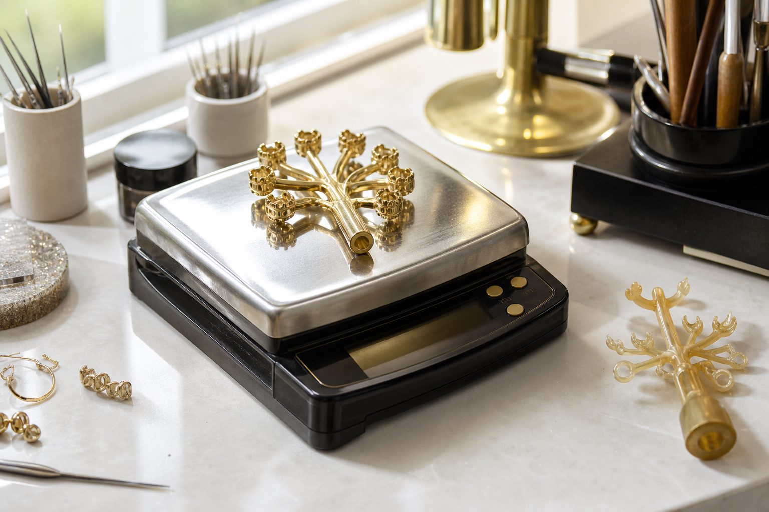 Gold casting sprue on a digital bench scale beside a wax ring model in bright daylight