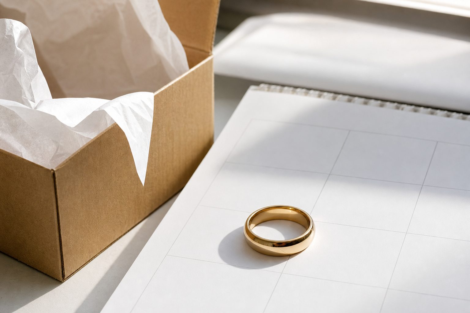 Finished gold wedding band on a white calendar page beside a shipping box and tissue