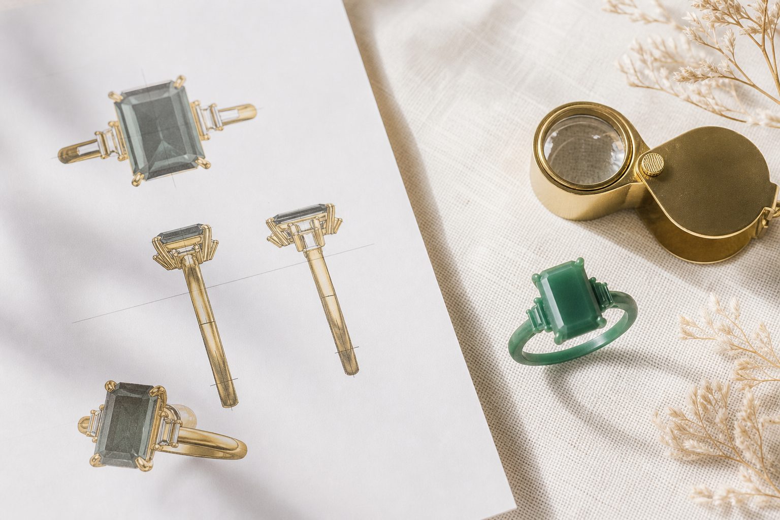 Resin wax ring model and a CAD render printout on pale linen with a jeweler's loupe