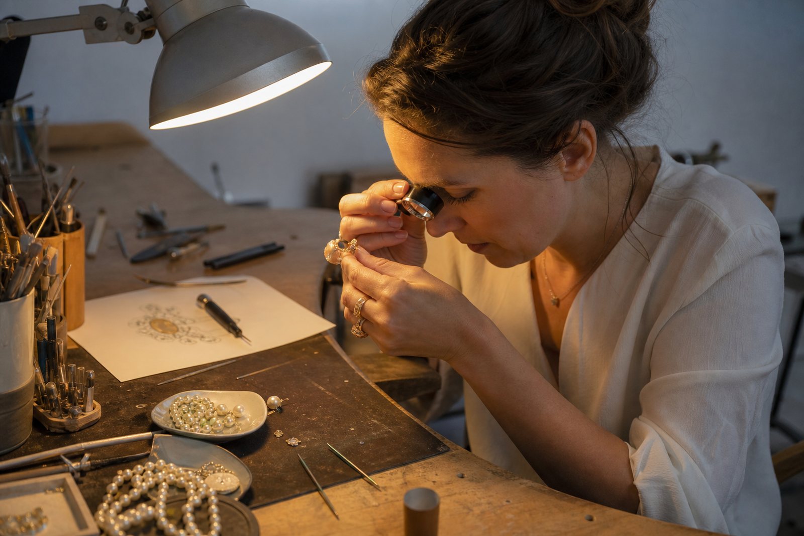 A jewelry designer examining a ring through a loupe at a lit workbench with hand tools and a sketch beside her