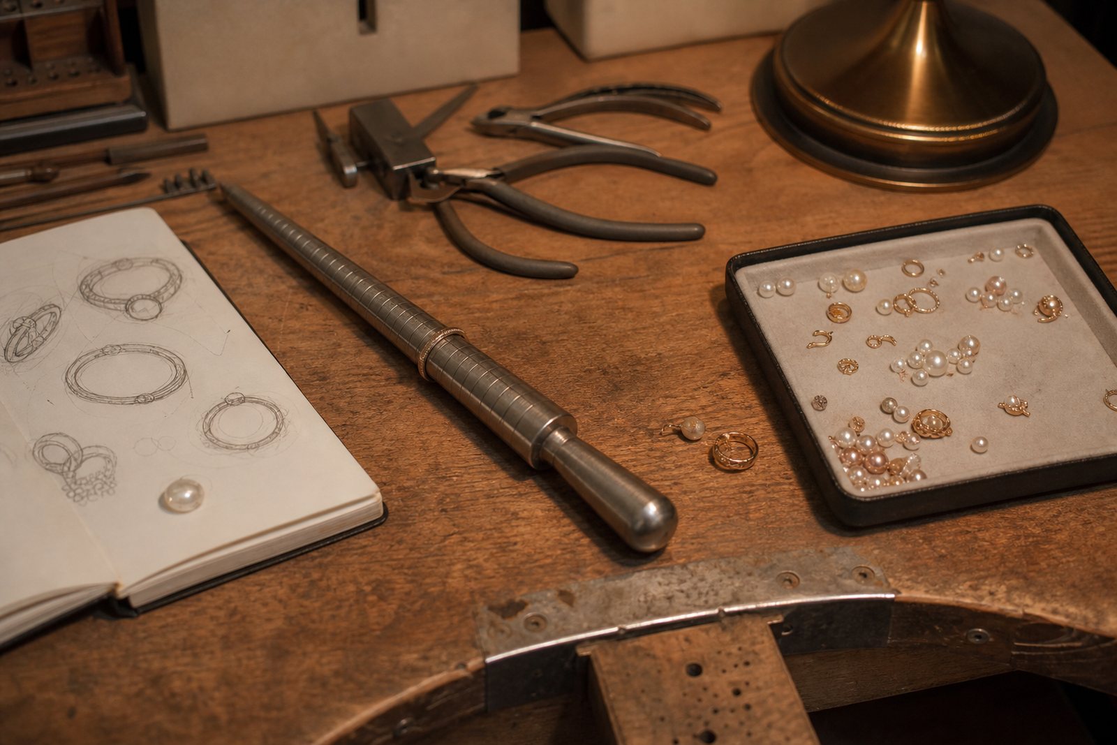 A jeweler's bench with pliers, a ring mandrel, loose stones in a tray and an open sketchbook under warm task light